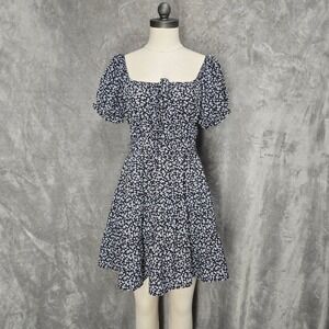 Floral Mini Dress Women L Square Neck Puff Sleeve Black White Summer Cottagecore